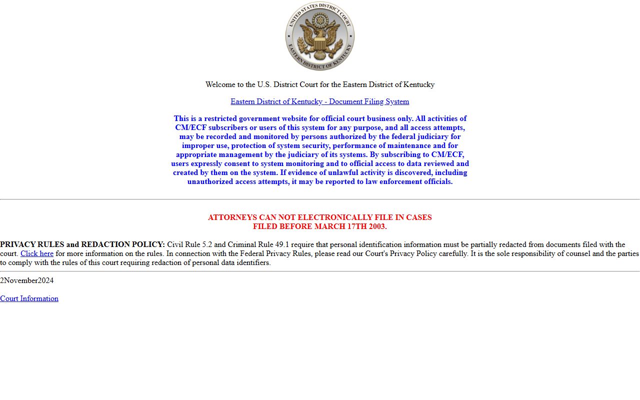 Franklin County Circuit Court records and Eastern District of Kentucky CM ECF distinction