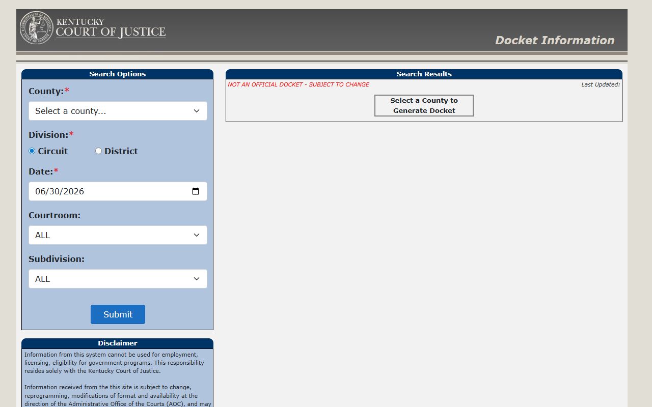 Franklin County court dockets KCOJ search portal