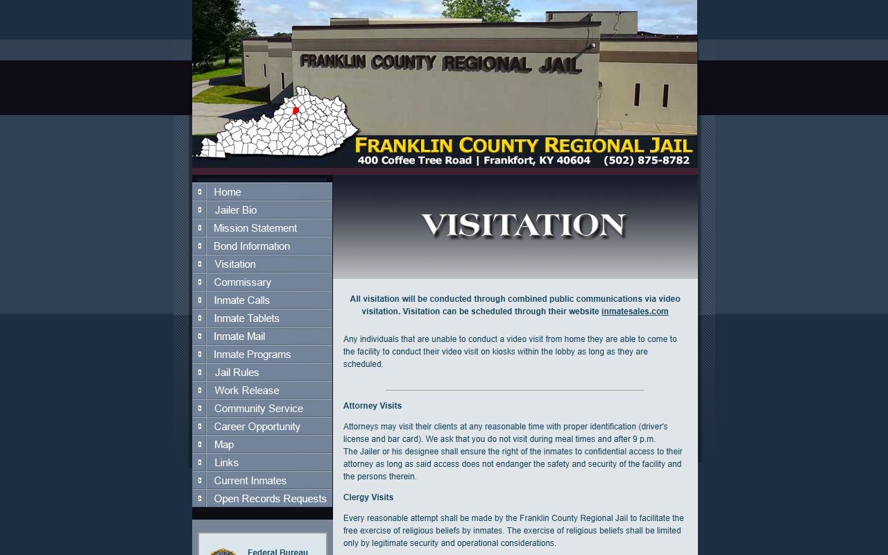 Franklin County inmate records jail visitation rules source