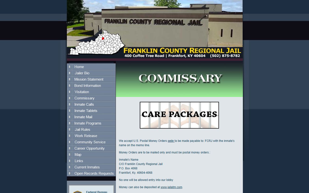 Franklin County inmate records commissary and money rules source