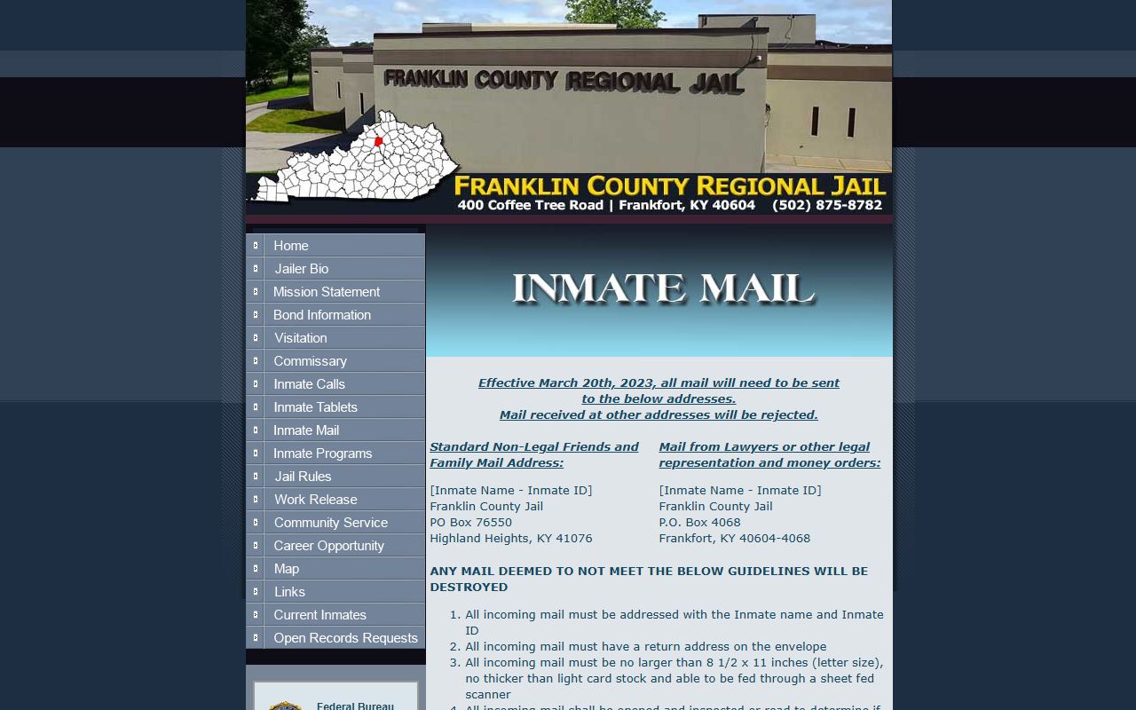 Franklin County inmate records inmate mail rules source