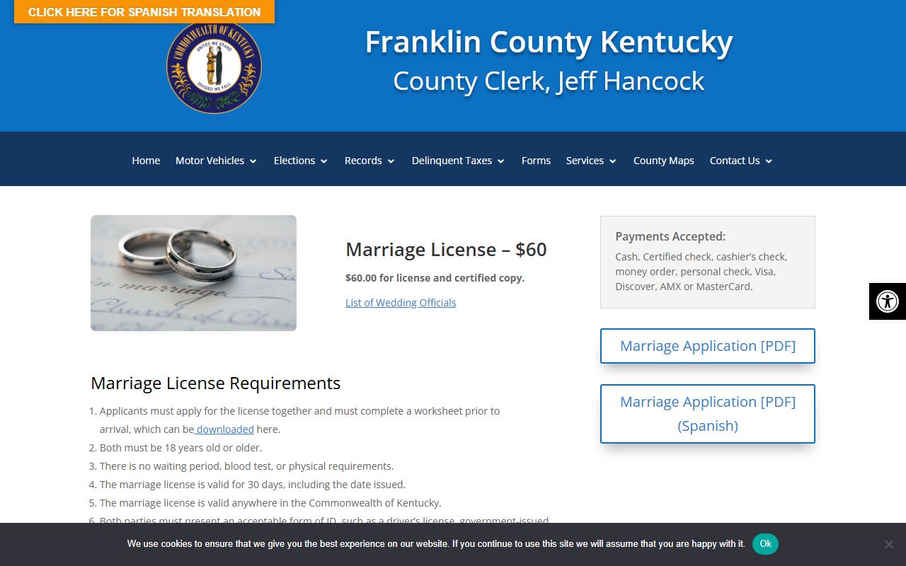 Franklin County marriage records license requirements page