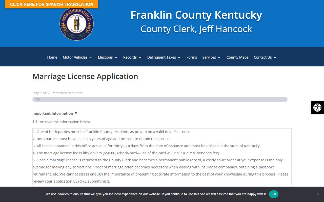 Franklin County marriage records application worksheet page