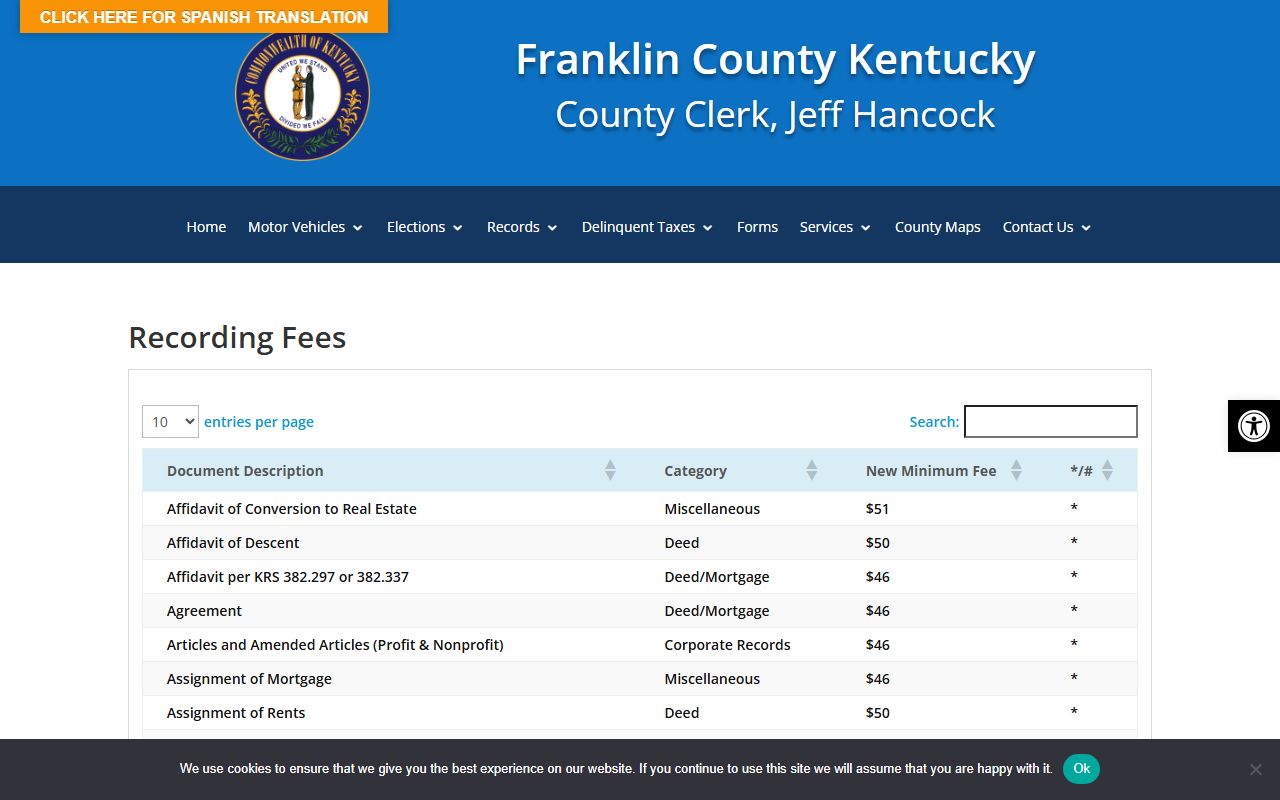 Franklin County probate records County Clerk recording fee table