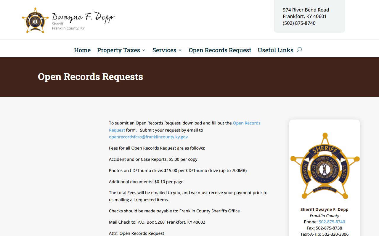 Franklin County warrant records Sheriff open records request source