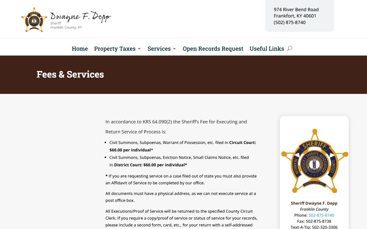 Franklin County warrant records Sheriff fees and services source